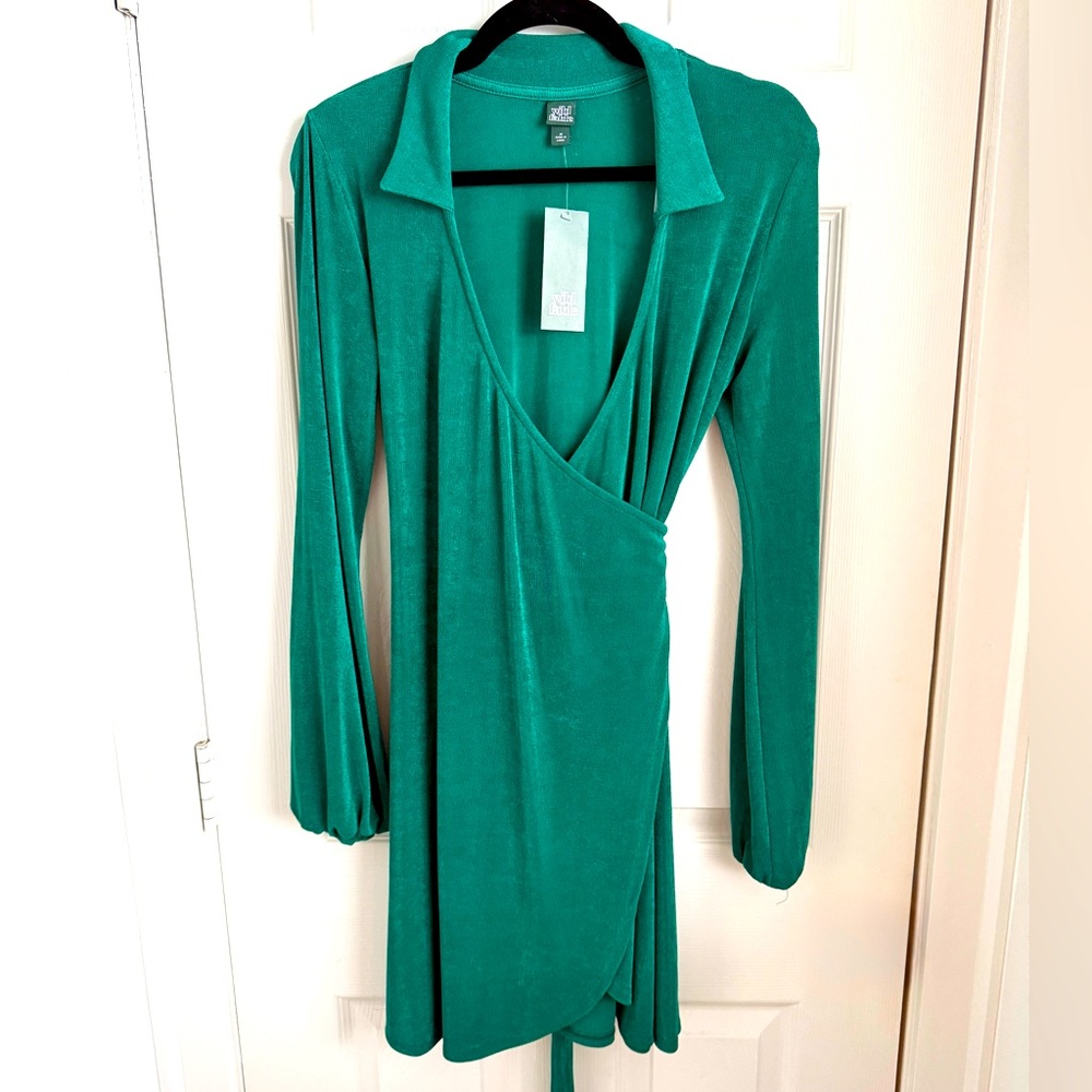 New with tags: Stunning Emerald Deep Teal Crossover Dress with long sleeves